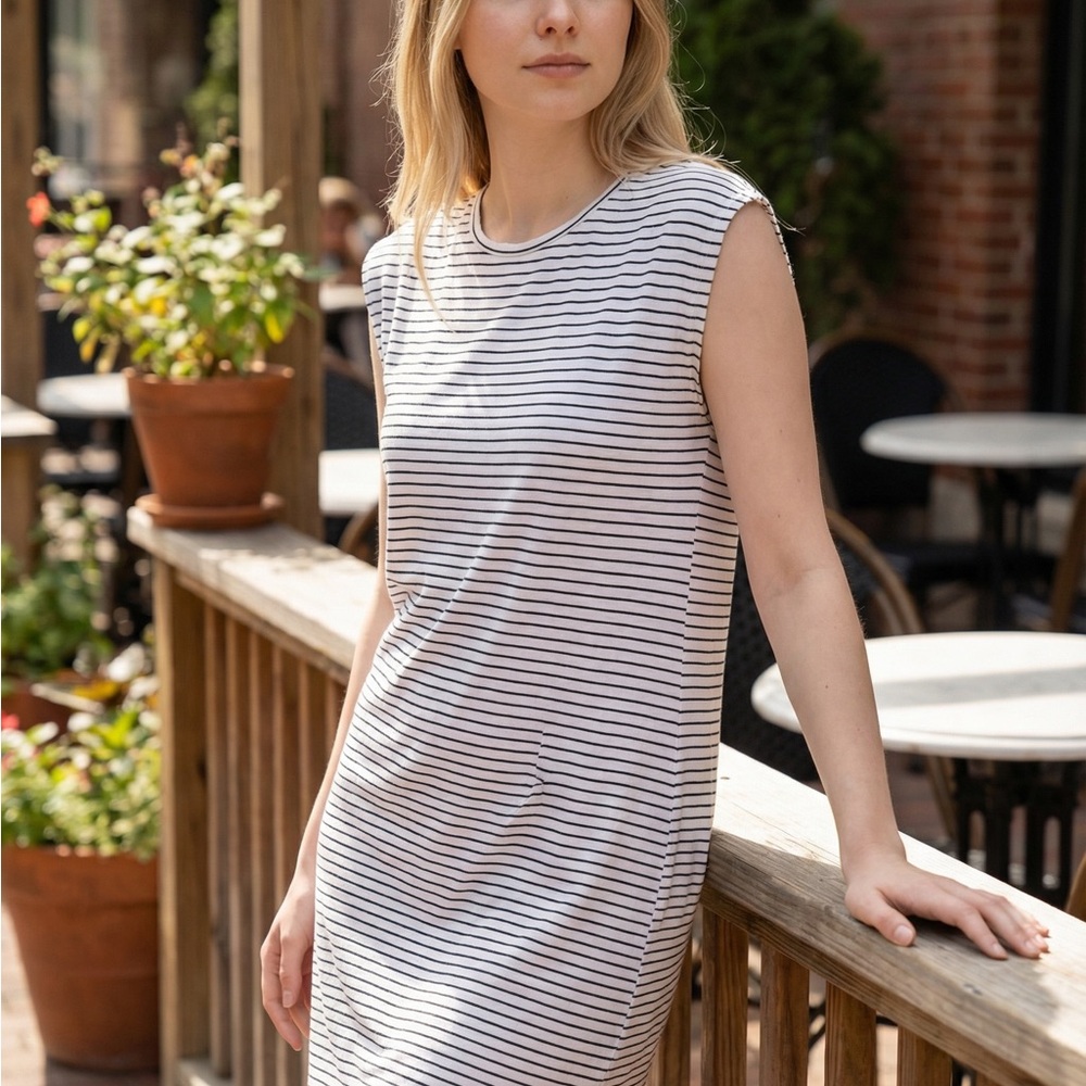 Daily Ritual Black White Striped Midi Dress Soft Stretch Knit Small